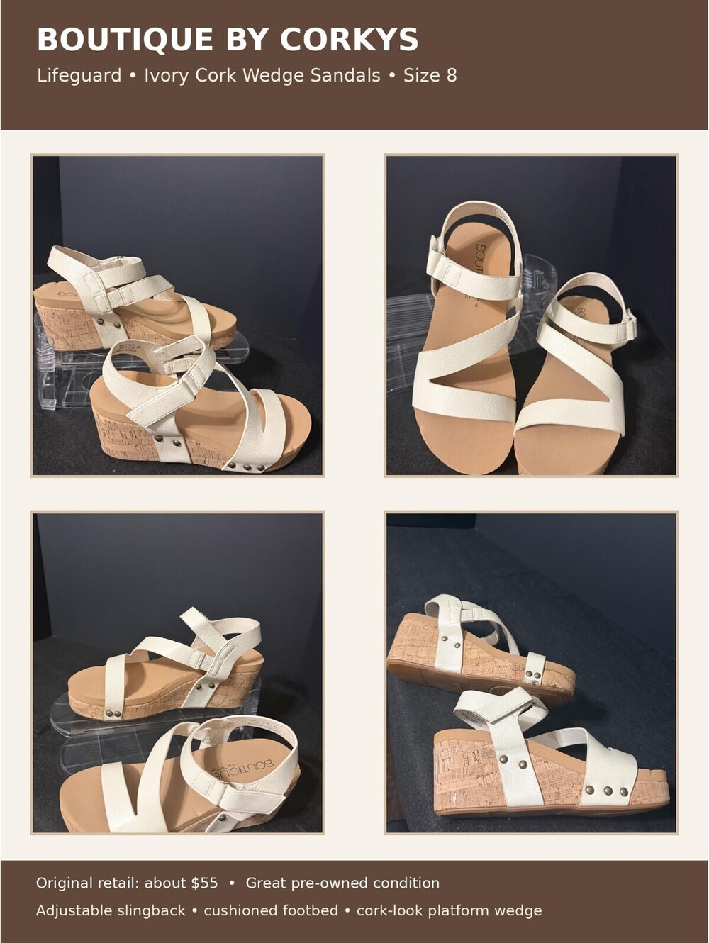 Boutique by Corkys Lifeguard Ivory Cork Wedge Sandals Size 8